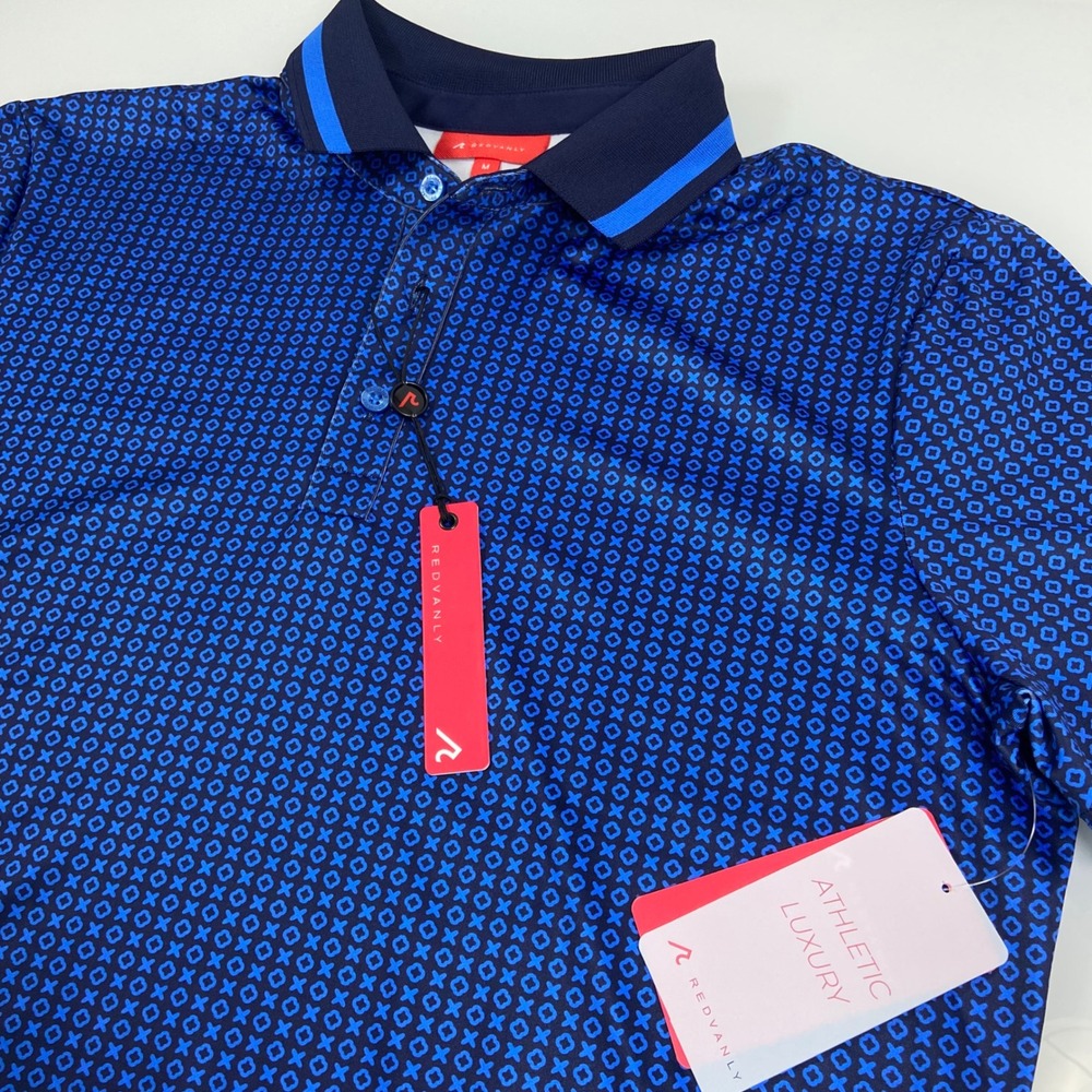 REDVANLY Mens M Marine Blue Norvins Polo NWT Geometric Short Sleeve Golf Shirt